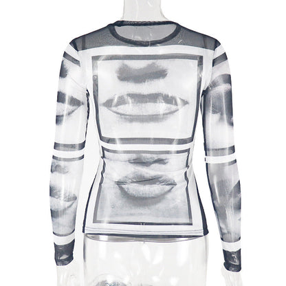 Long sleeve abstract crewneck mesh top  | Festival Outfits Women