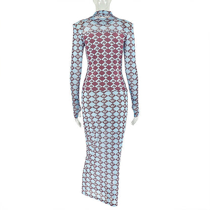 High neck long sleeve mesh print maxi dress  | Festival Outfits Women