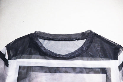 Long sleeve abstract crewneck mesh top  | Festival Outfits Women