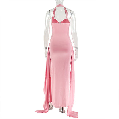Halter ruched backless o ring maxi dress  | Festival Outfits Women