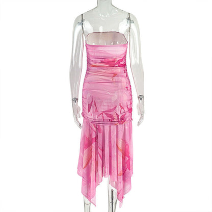 Irregular print mesh tube maxi dress  | Festival Outfits Women