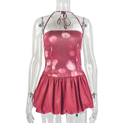 Halter flower print self tie ruched mini dress  | Festival Outfits Women