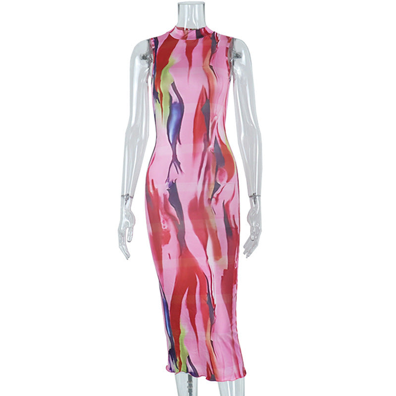 Sleeveless crewneck contrast print maxi dress  | Festival Outfits Women