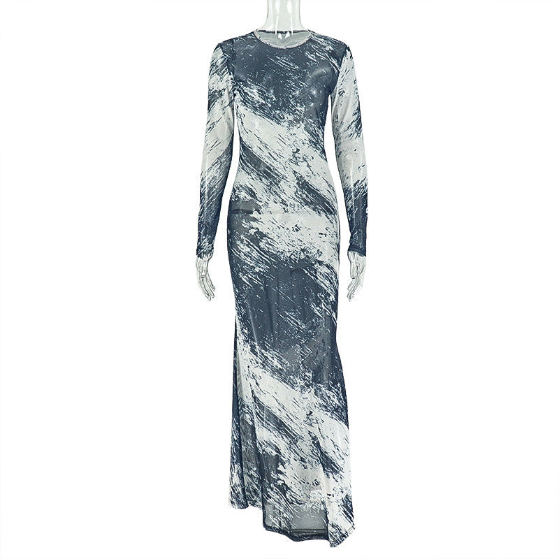 Long sleeve mesh crewneck contrast maxi dress  | Festival Outfits Women