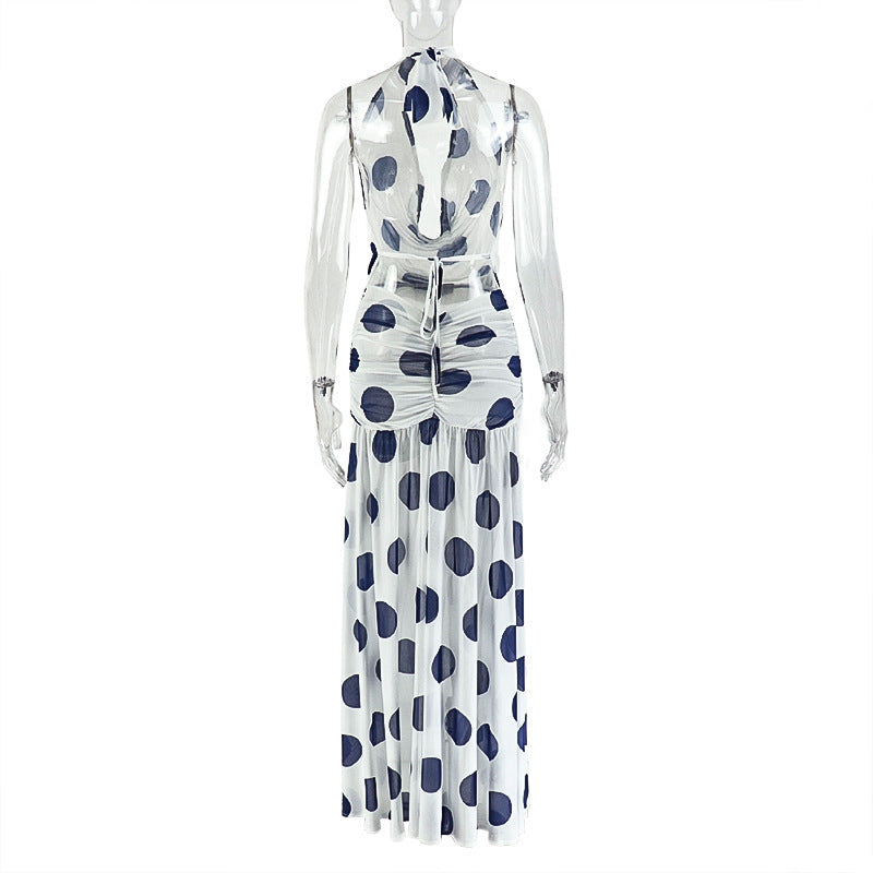 Halter high slit polka dot ruched mesh maxi dress  | Festival Outfits Women