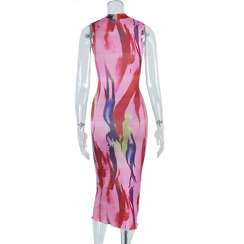 Sleeveless crewneck contrast print maxi dress  | Festival Outfits Women