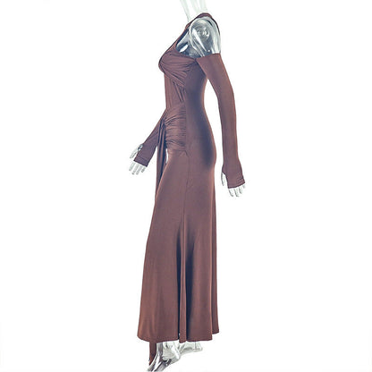 Crewneck long sleeve ruched hollow out cut out maxi dress  | Festival Outfits Women
