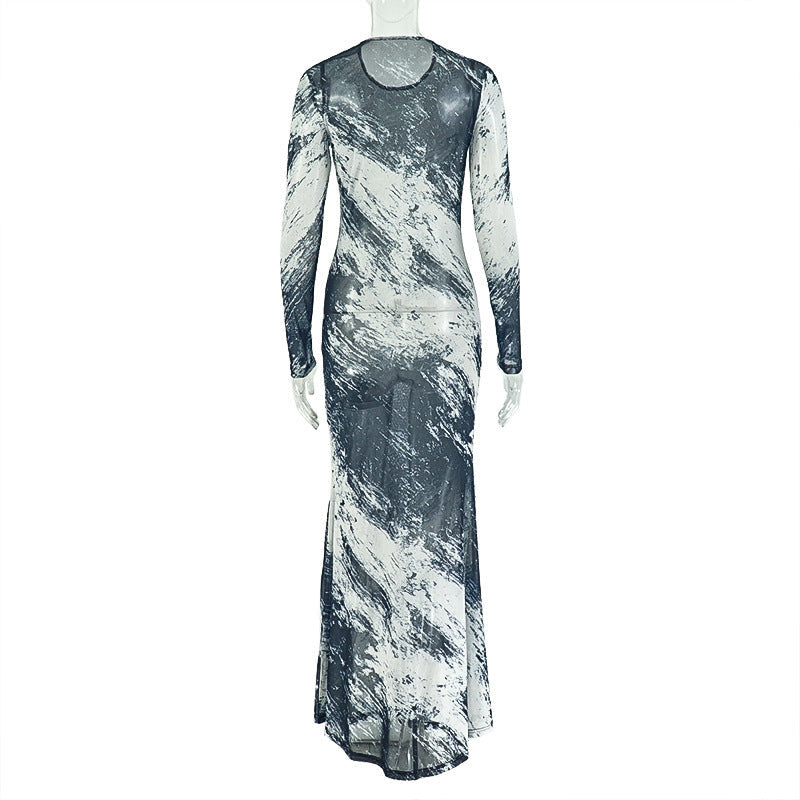 Long sleeve mesh crewneck contrast maxi dress  | Festival Outfits Women