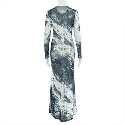 Long sleeve mesh crewneck contrast maxi dress  | Festival Outfits Women