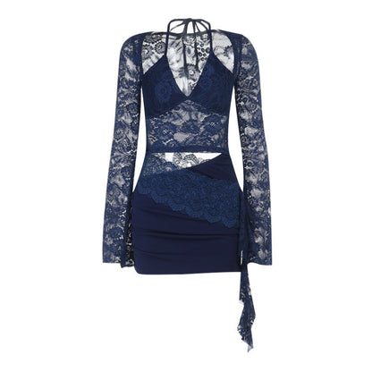 Long sleeve lace halter self tie ruched mini dress  | Festival Outfits Women