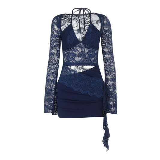 Long sleeve lace halter self tie ruched mini dress  | Festival Outfits Women