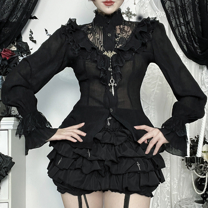 Long sleeve lace button ruffle solid top  | Festival Outfits Women
