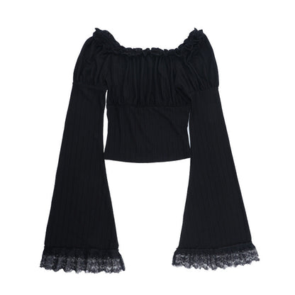 Long flared sleeve ruffle lace hem top  | Festival Outfits Women