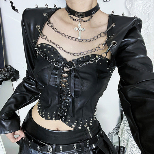 Long sleeve PU leather metal chain shrug top  | Festival Outfits Women