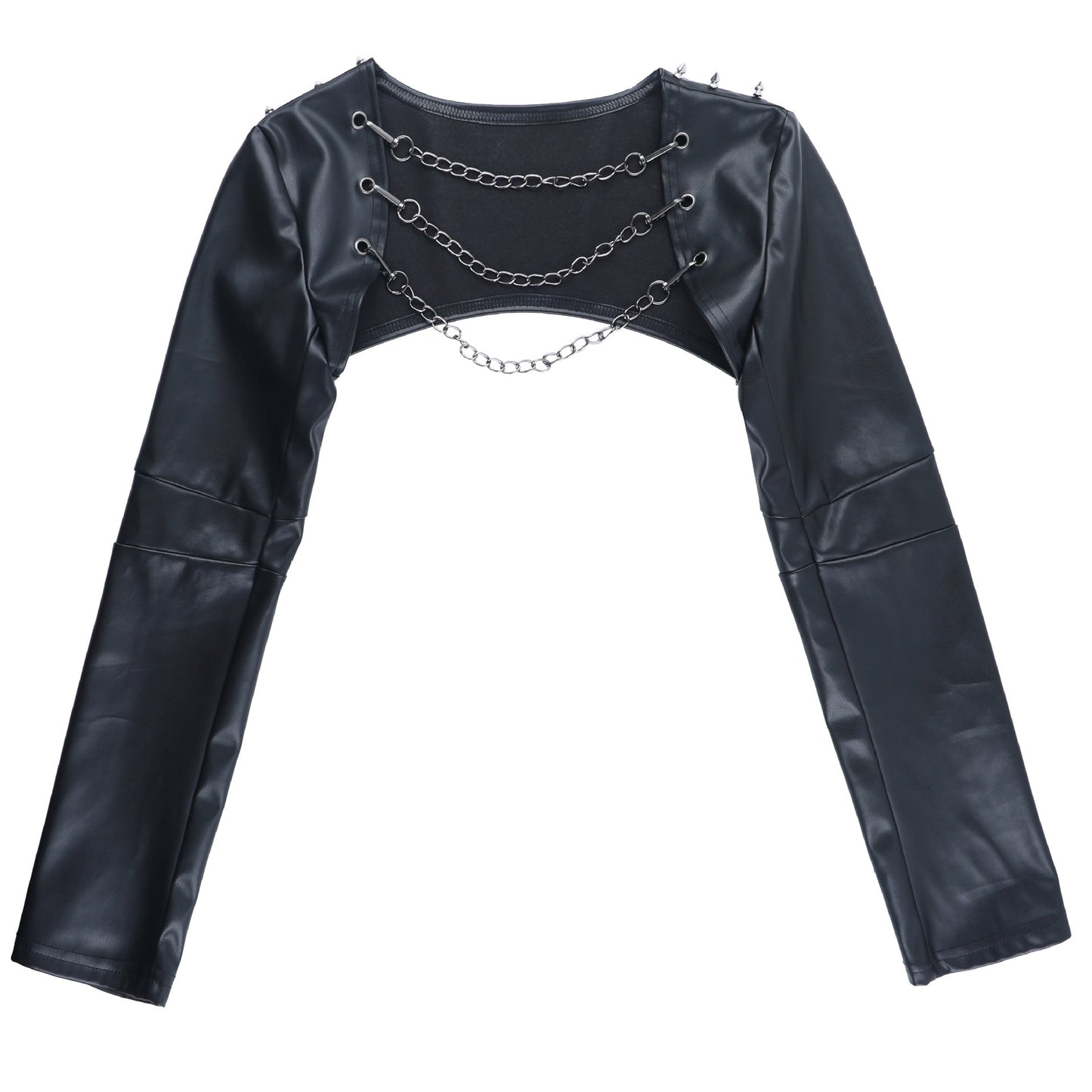Long sleeve PU leather metal chain shrug top  | Festival Outfits Women