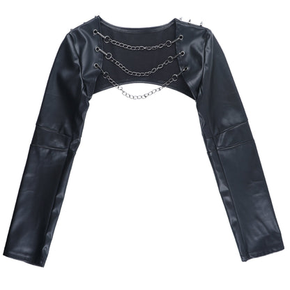 Long sleeve PU leather metal chain shrug top  | Festival Outfits Women
