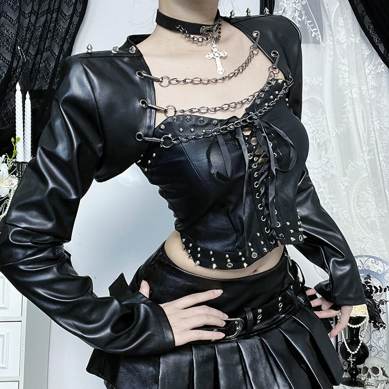 Long sleeve PU leather metal chain shrug top  | Festival Outfits Women