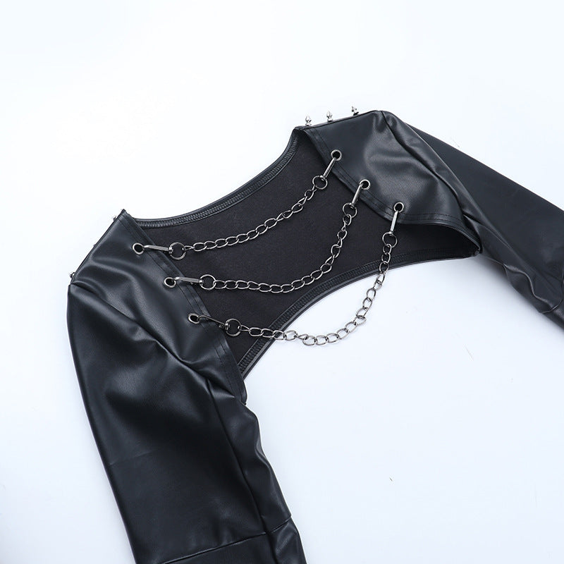 Long sleeve PU leather metal chain shrug top  | Festival Outfits Women