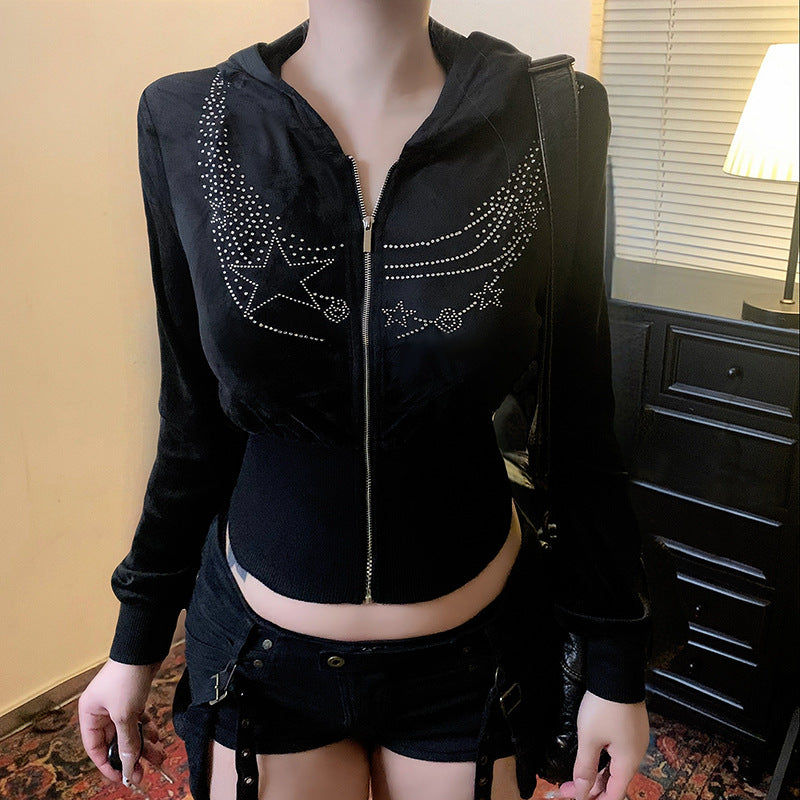 Hoodie long sleeve zip-up velvet beaded top  | Festival Outfits Women