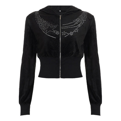 Hoodie long sleeve zip-up velvet beaded top  | Festival Outfits Women