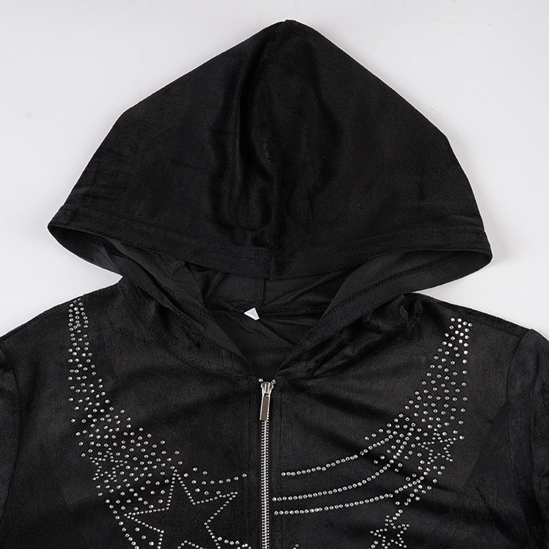 Hoodie long sleeve zip-up velvet beaded top  | Festival Outfits Women