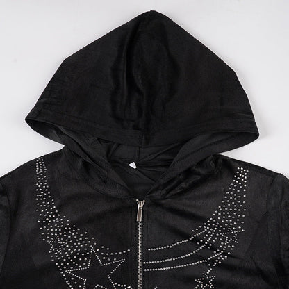 Hoodie long sleeve zip-up velvet beaded top  | Festival Outfits Women