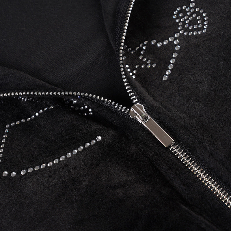 Hoodie long sleeve zip-up velvet beaded top  | Festival Outfits Women