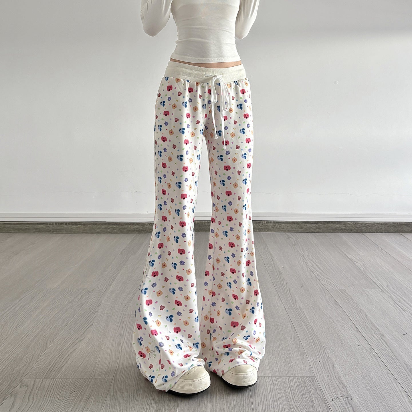 Drawstring print contrast low rise wide leg pant  | Festival Outfits Women