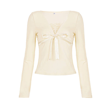 Bowknot long sleeve v neck lace top  | Festival Outfits Women