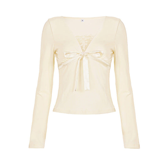 Bowknot long sleeve v neck lace top  | Festival Outfits Women