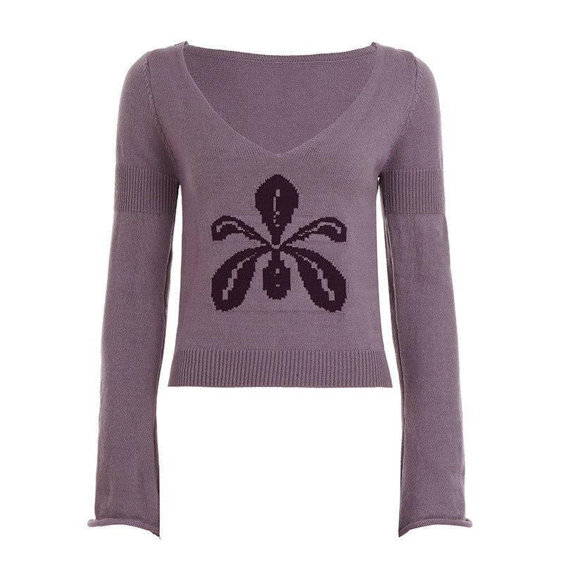Knitted long sleeve v neck flower pattern top  | Festival Outfits Women