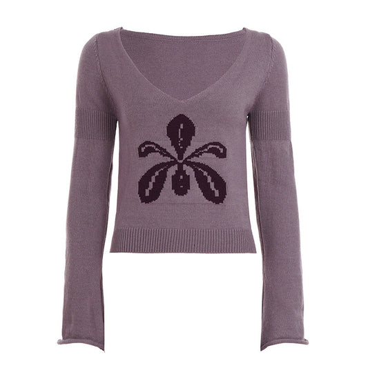Knitted long sleeve v neck flower pattern top  | Festival Outfits Women