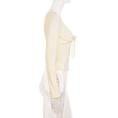 Bowknot long sleeve v neck lace top  | Festival Outfits Women