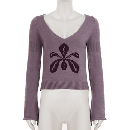 Knitted long sleeve v neck flower pattern top  | Festival Outfits Women