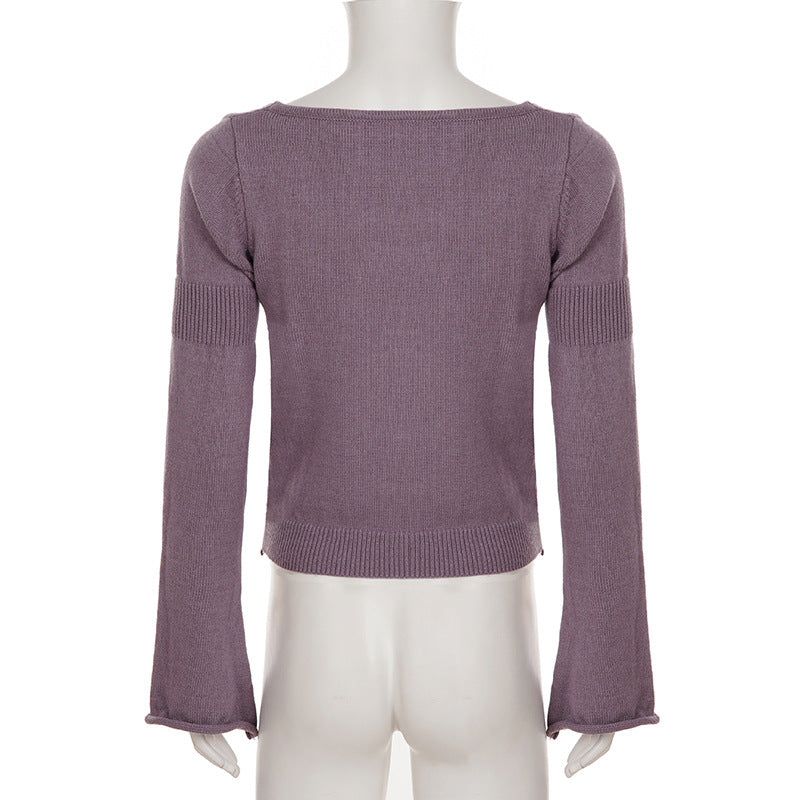 Knitted long sleeve v neck flower pattern top  | Festival Outfits Women