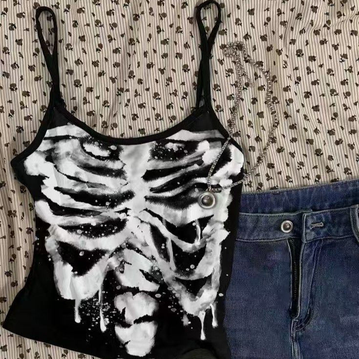 U neck skeleton print backless cami top  | Festival Outfits Women
