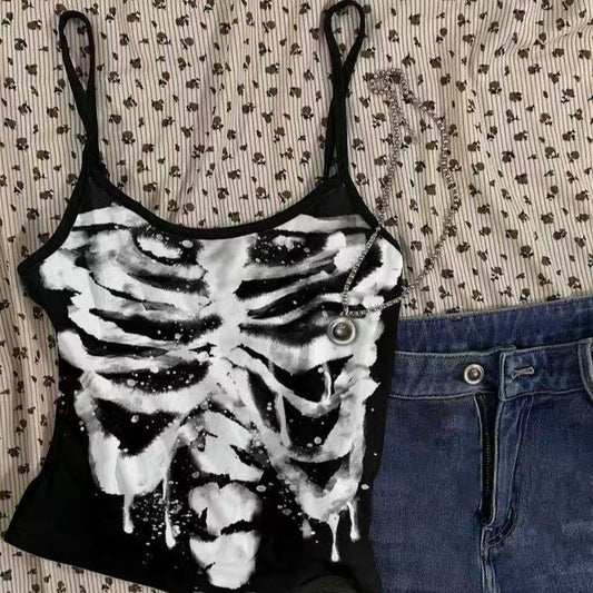 U neck skeleton print backless cami top  | Festival Outfits Women
