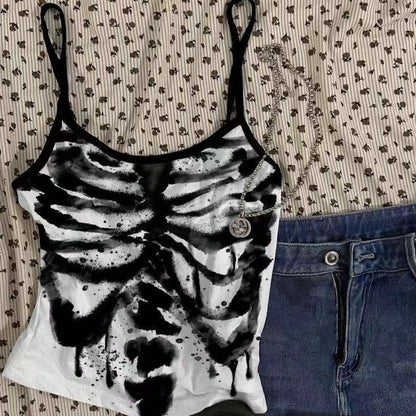 U neck skeleton print backless cami top  | Festival Outfits Women