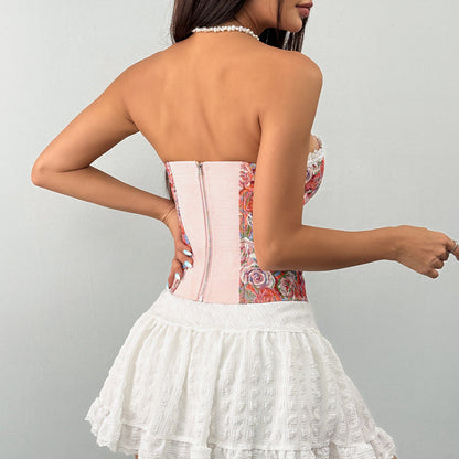 Sweetheart neck lace hem print zip-up tube top  | Festival Outfits Women