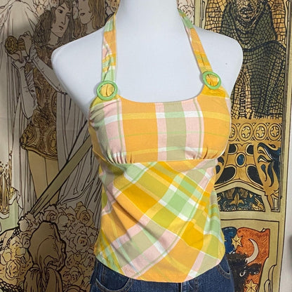 Halter self tie u neck plaid backless top  | Festival Outfits Women