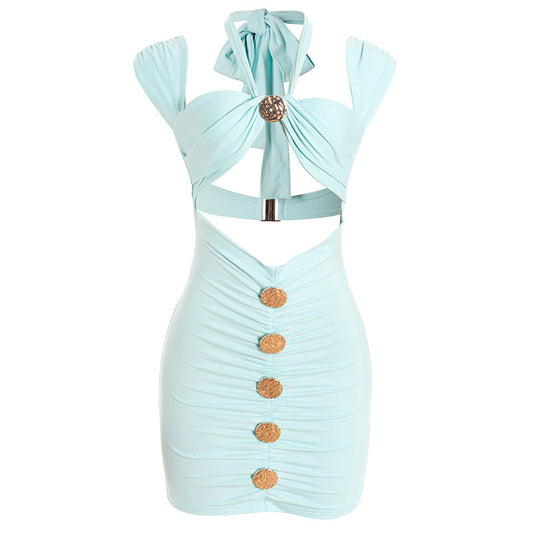 Hollow out halter self tie ruched cut out mini dress  | Festival Outfits Women