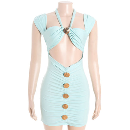 Hollow out halter self tie ruched cut out mini dress  | Festival Outfits Women