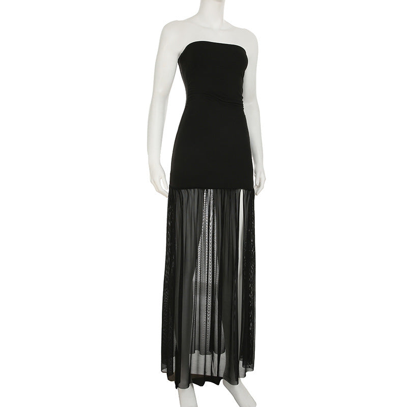 Slit mesh ruched backless tube maxi dress  | Festival Outfits Women