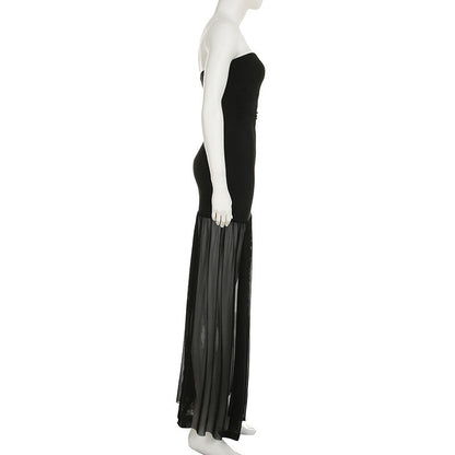 Slit mesh ruched backless tube maxi dress  | Festival Outfits Women