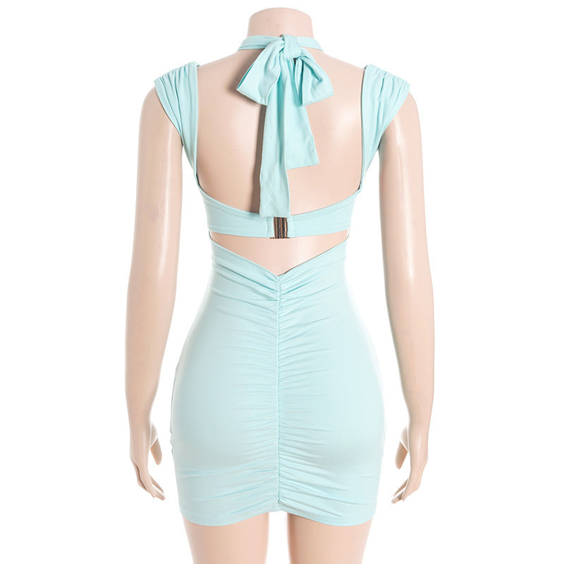 Hollow out halter self tie ruched cut out mini dress  | Festival Outfits Women