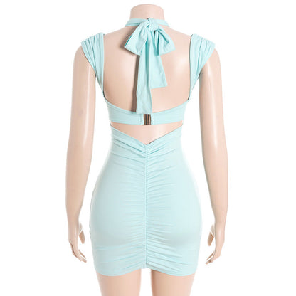 Hollow out halter self tie ruched cut out mini dress  | Festival Outfits Women