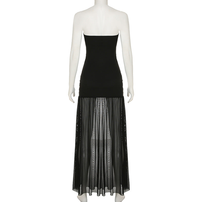 Slit mesh ruched backless tube maxi dress  | Festival Outfits Women
