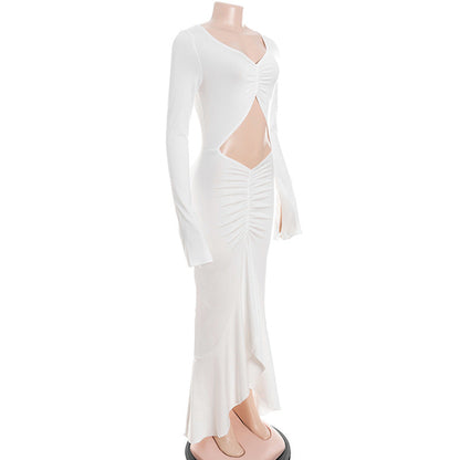 Long sleeve hollow out ruched v neck cut out maxi dress  | Festival Outfits Women