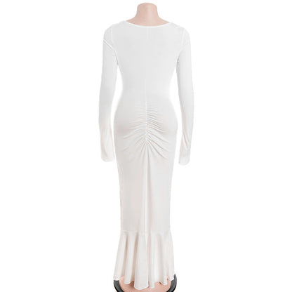 Long sleeve hollow out ruched v neck cut out maxi dress  | Festival Outfits Women