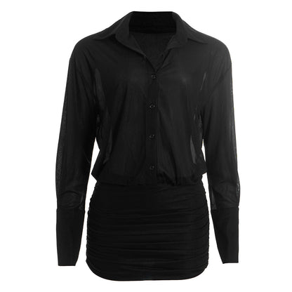 Long sleeve turnover collar button chiffon mini dress  | Festival Outfits Women